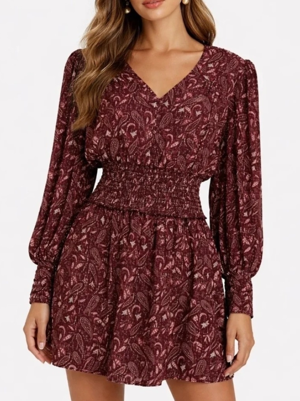 INTERMIX Burgundy Paisley Smocked-Waist Long Sleeve Mini Dress